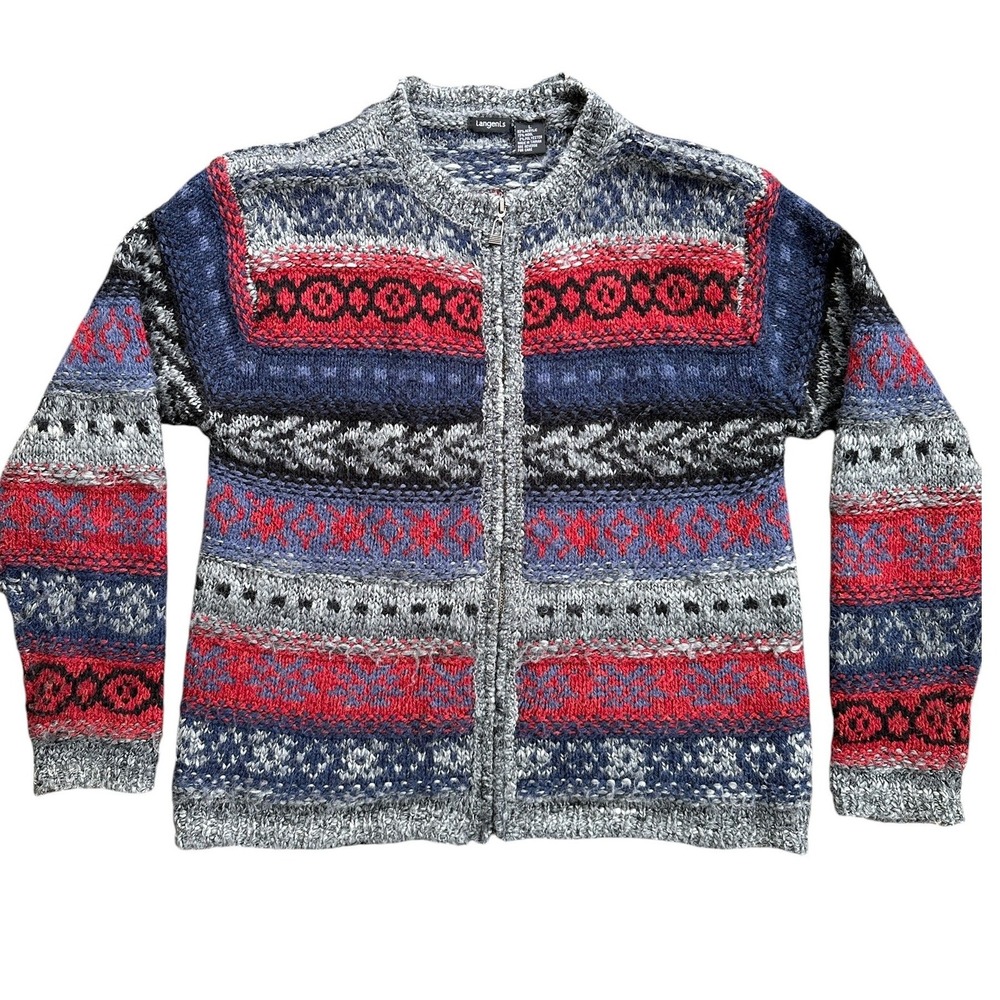 Tangents Fair Isle Zip Up Cardigan Sweater Womens Large Multi Color Wool Blend‎